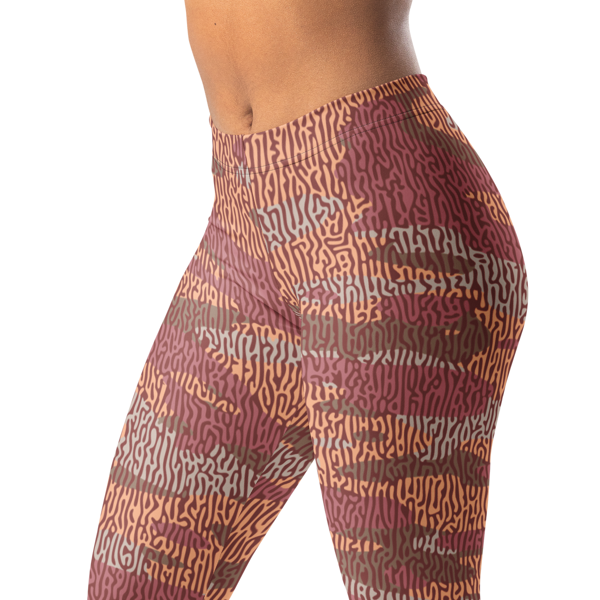 Gulf Turing Libations camouflage mid-rise comfort leggings, waistband and pattern detail.