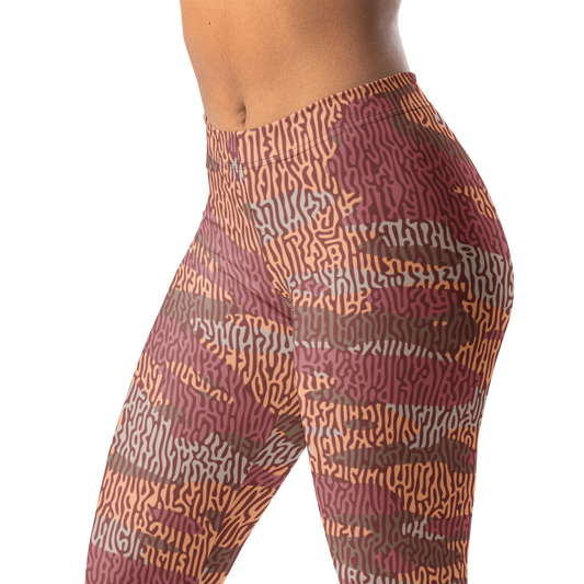 Gulf Turing Libations camouflage mid-rise comfort leggings, waistband and pattern detail.