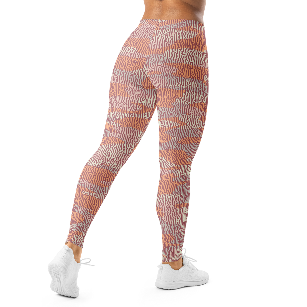 Gulf Turing Peach Harmony camouflage mid-rise comfort leggings, back view.