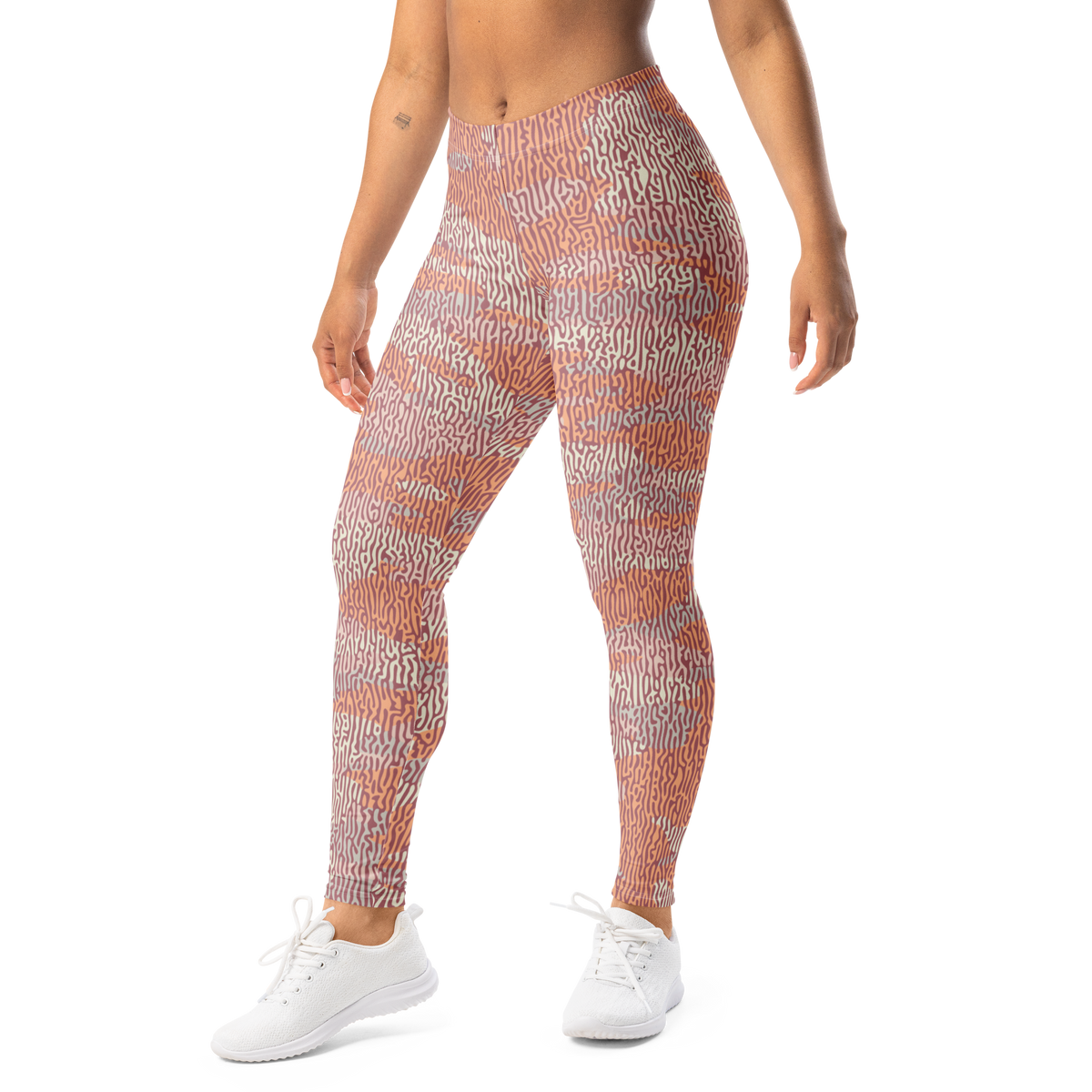 Gulf Turing Peach Harmony camouflage mid-rise comfort leggings, left-front view.