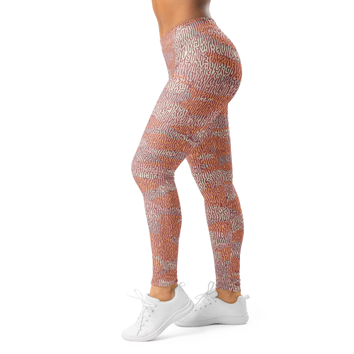 Gulf Turing Peach Harmony camouflage mid-rise comfort leggings, left-side view.