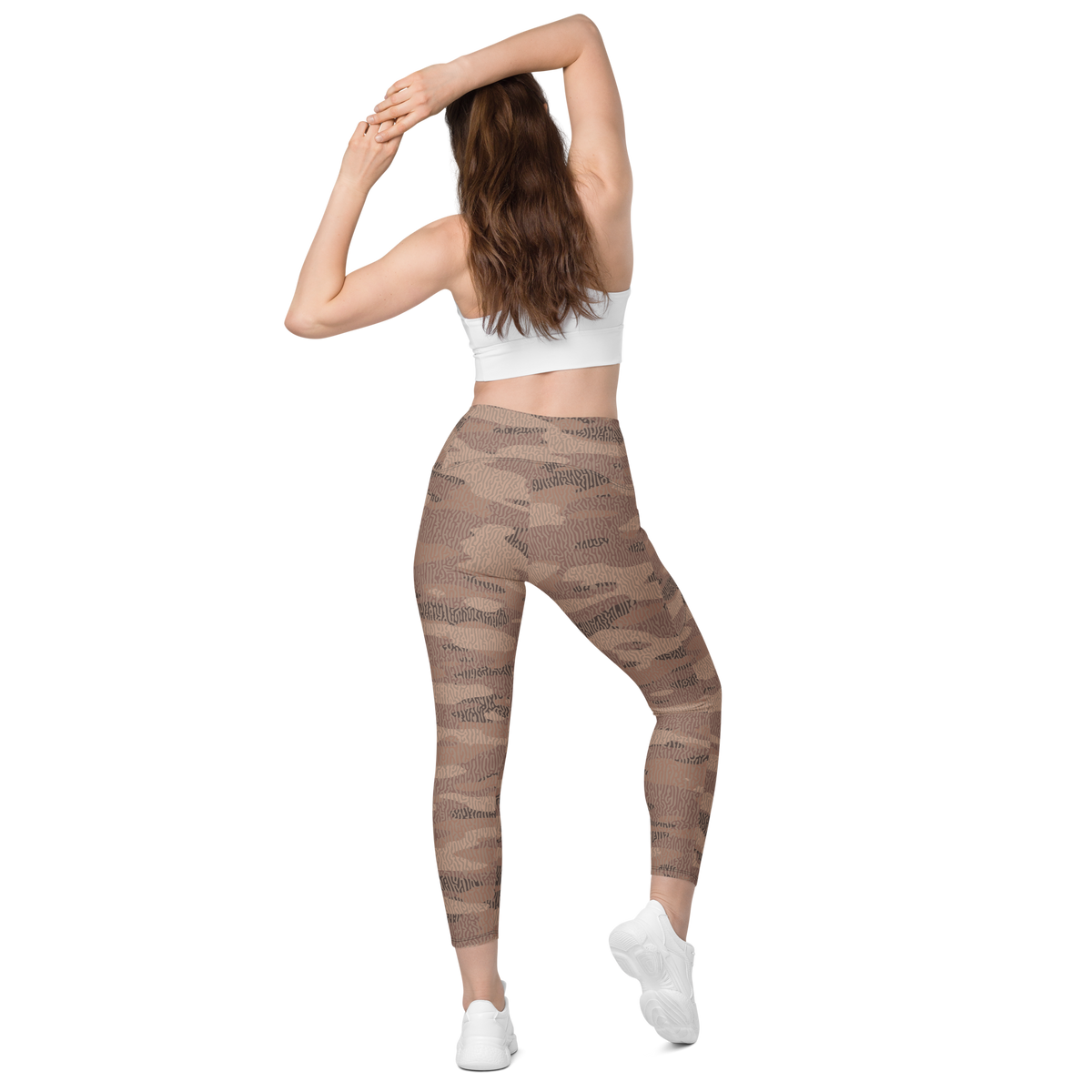 Gulf Turing Relaxed Elegance camouflage high-waisted pocket leggings, back view.
