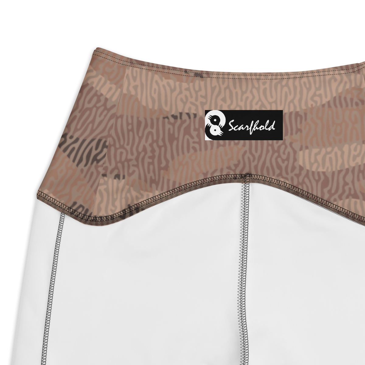 Gulf Turing Relaxed Elegance camouflage high-waisted pocket leggings, inside-label and construction detail.