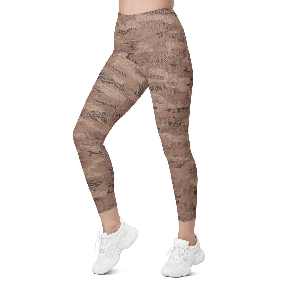 Gulf Turing Relaxed Elegance camouflage high-waisted pocket leggings, left-front view.