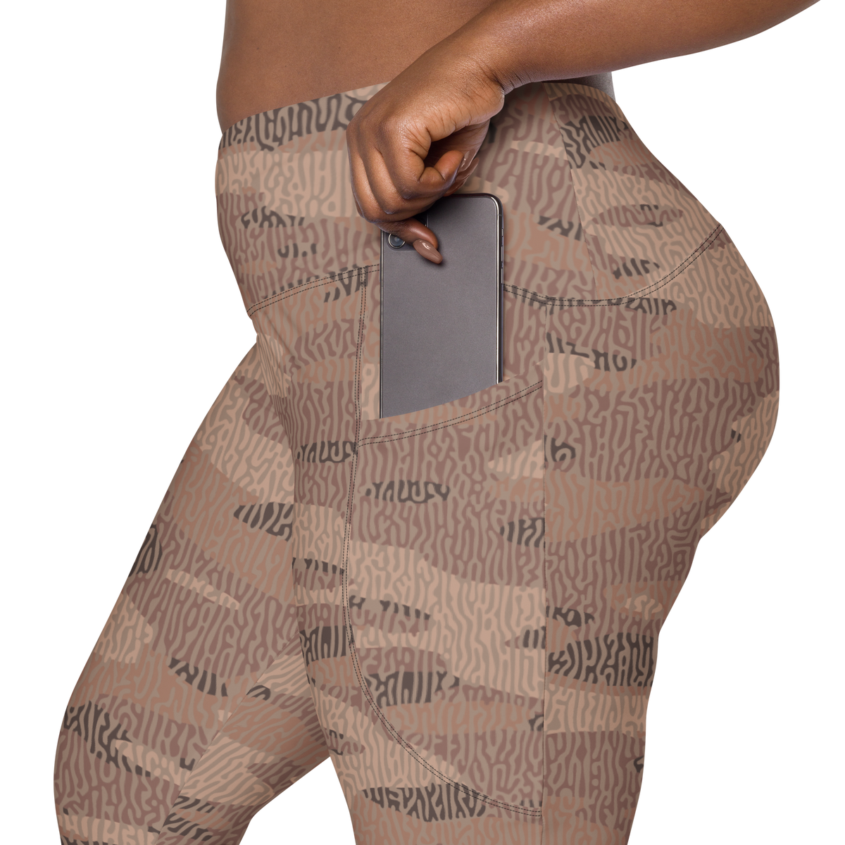 Gulf Turing Relaxed Elegance camouflage high-waisted pocket leggings, rear pocket detail.