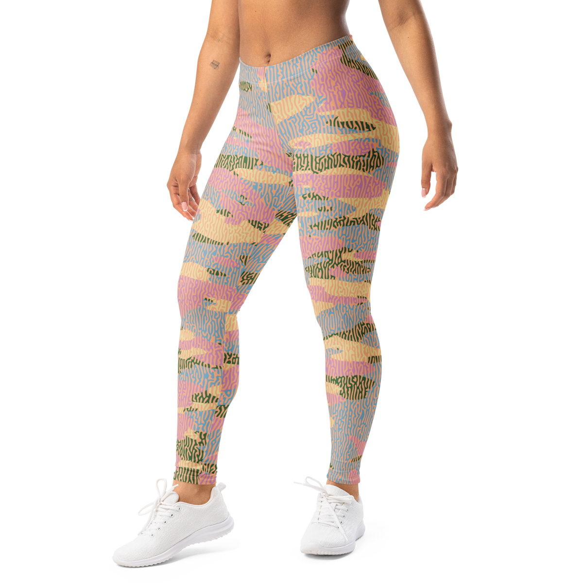 Gulf Turing Spring Meadow camouflage mid-rise comfort leggings, left-front view.