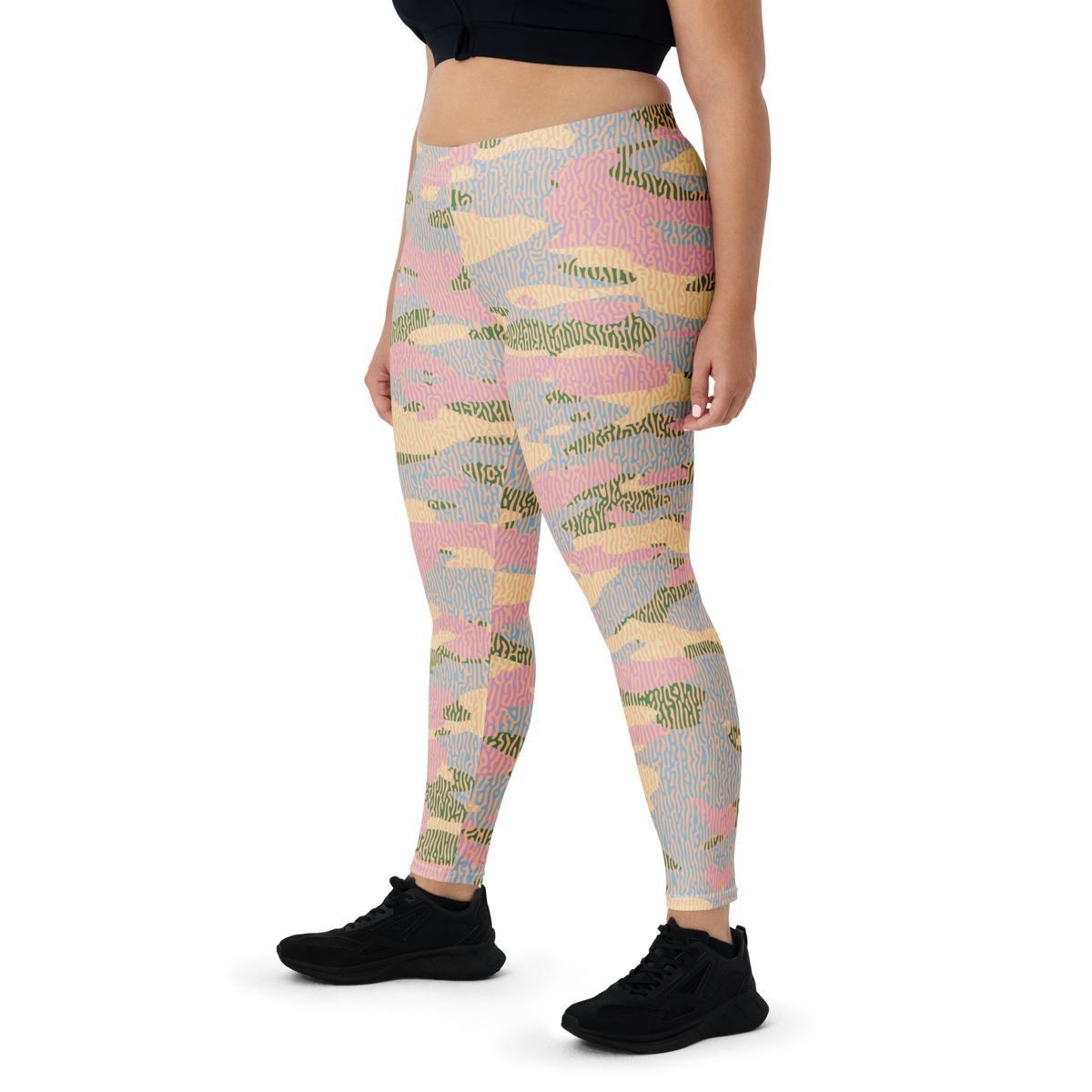 Gulf Turing Spring Meadow camouflage mid-rise comfort leggings, oversize-fit front view.