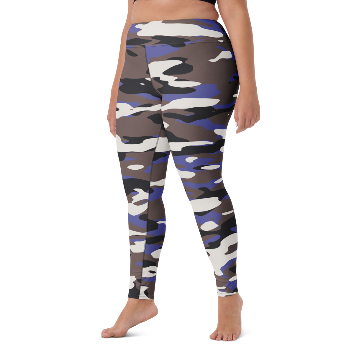Gulf Very Peri 1 camouflage high-waisted yoga leggings, larger-model left-front view.