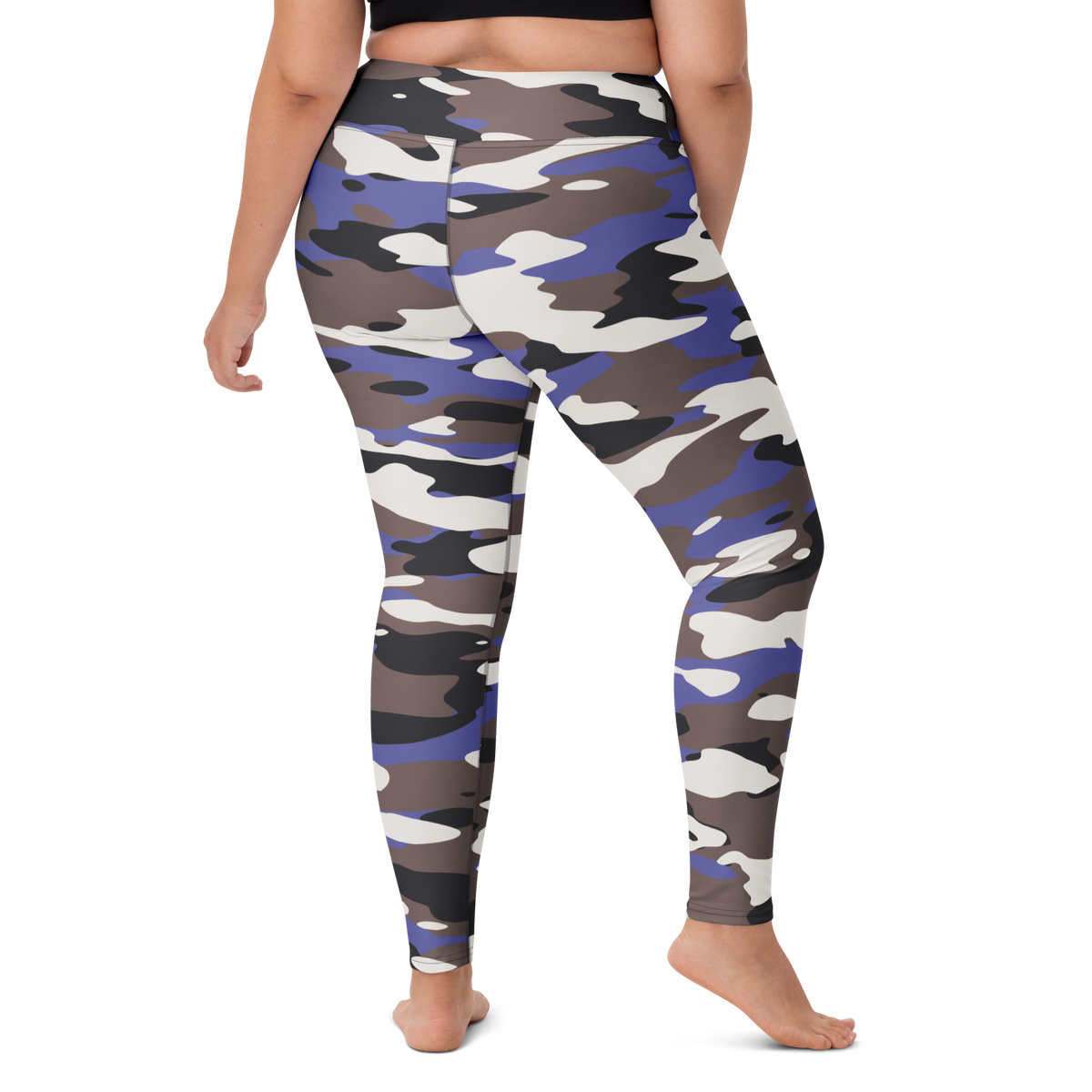 Gulf Very Peri 1 camouflage high-waisted yoga leggings, larger-model right-back view.