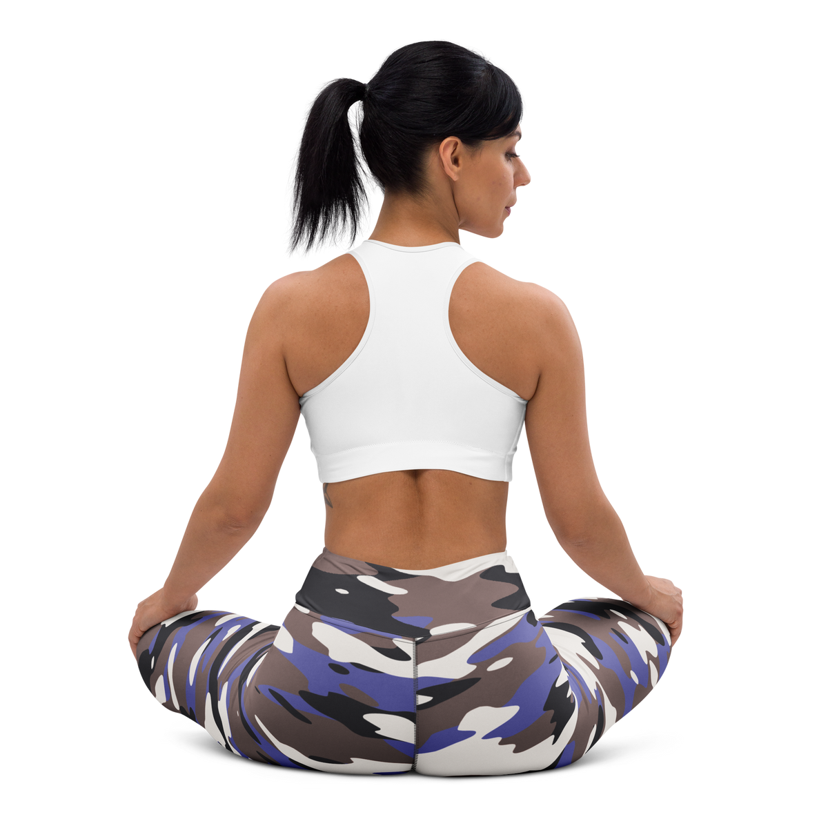 Gulf Very Peri 1 camouflage high-waisted yoga leggings, seated back view.