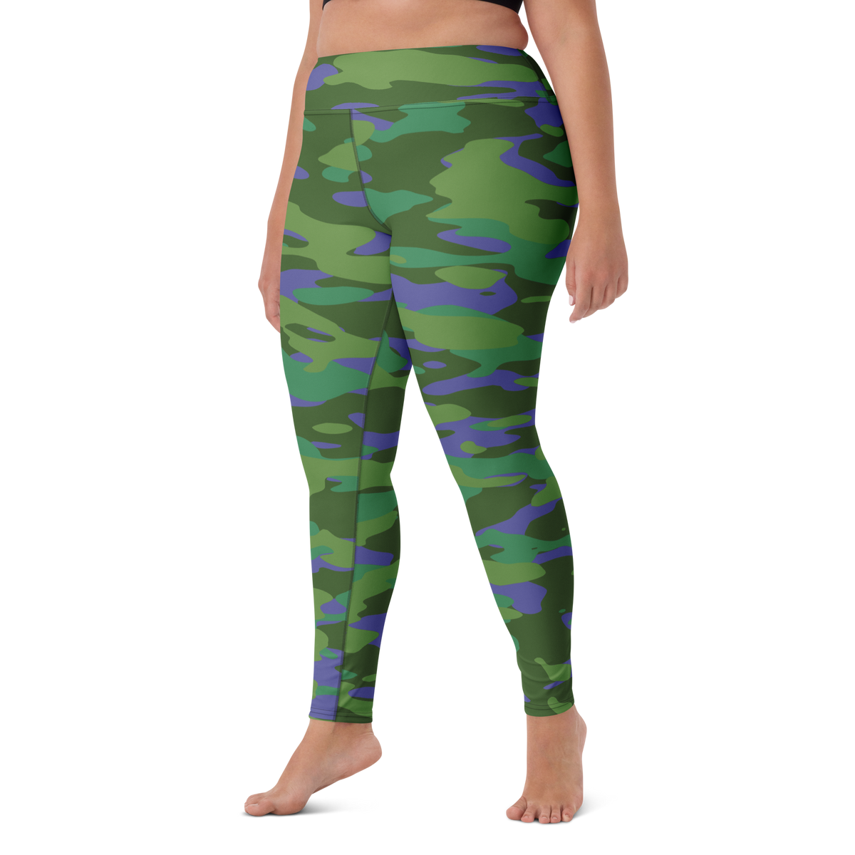 Gulf Very Peri 2 camouflage high-waisted yoga leggings, larger-model left-front view.