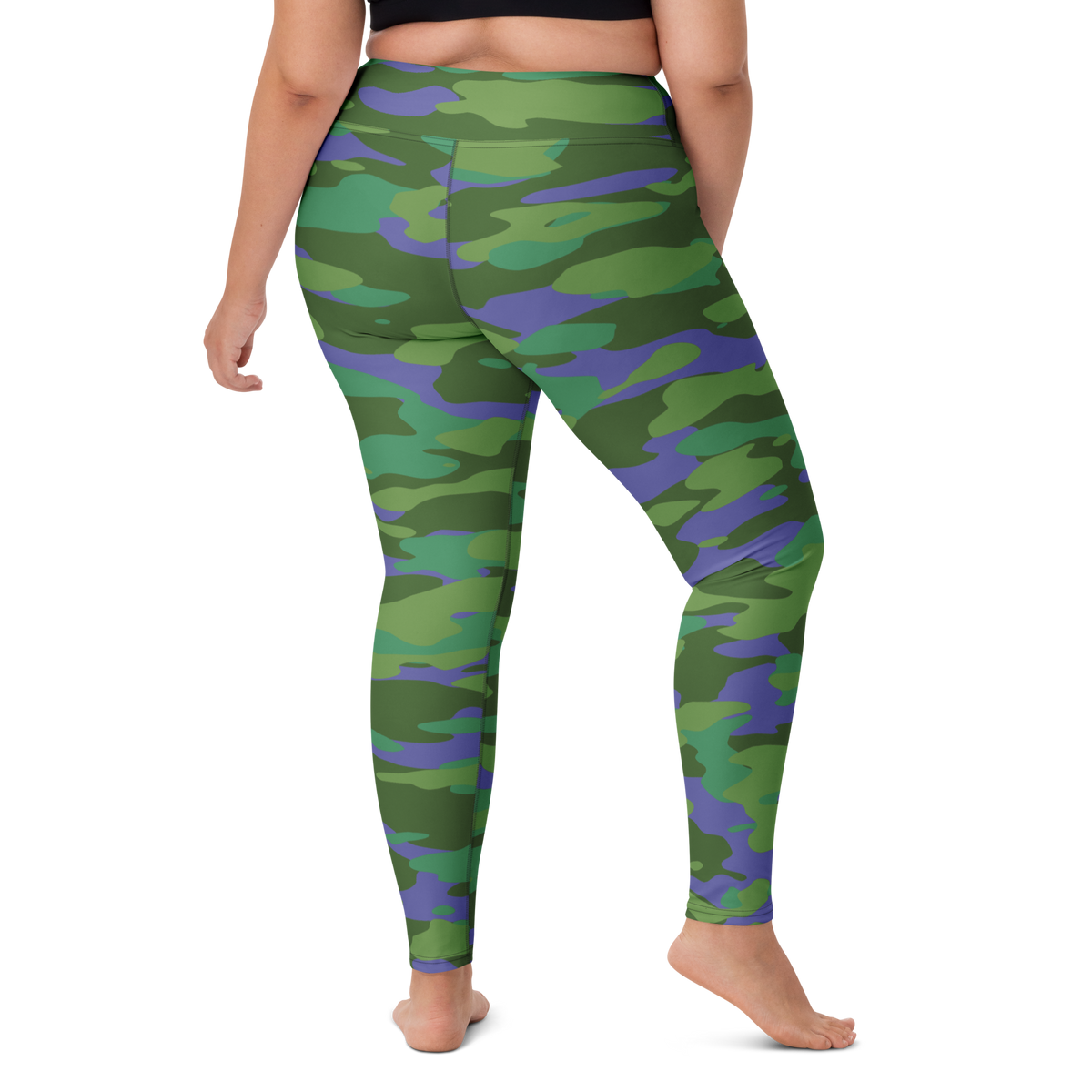 Gulf Very Peri 2 camouflage high-waisted yoga leggings, larger-model right-back view.