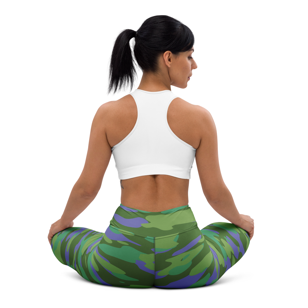 Gulf Very Peri 2 camouflage high-waisted yoga leggings, seated back view.