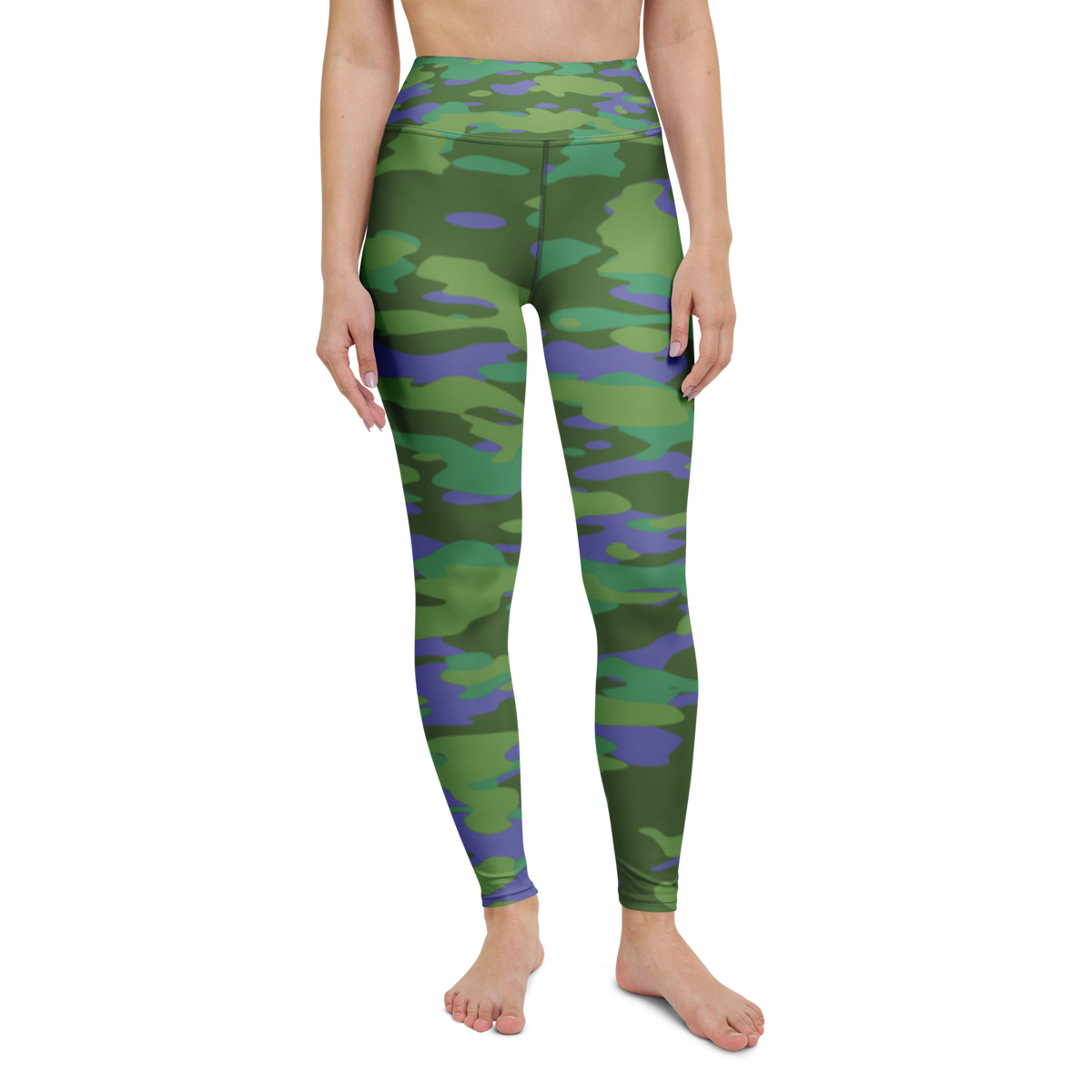 Gulf · Very Peri · 2 high-waisted yoga leggings, straight front view, barefoot.