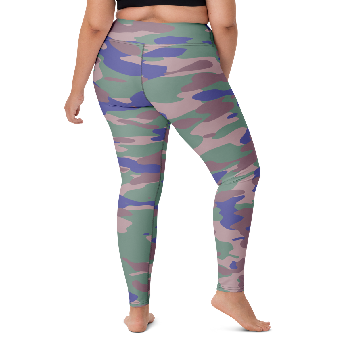 Gulf Very Peri 3 camouflage high-waisted yoga leggings, larger-model right-back view.