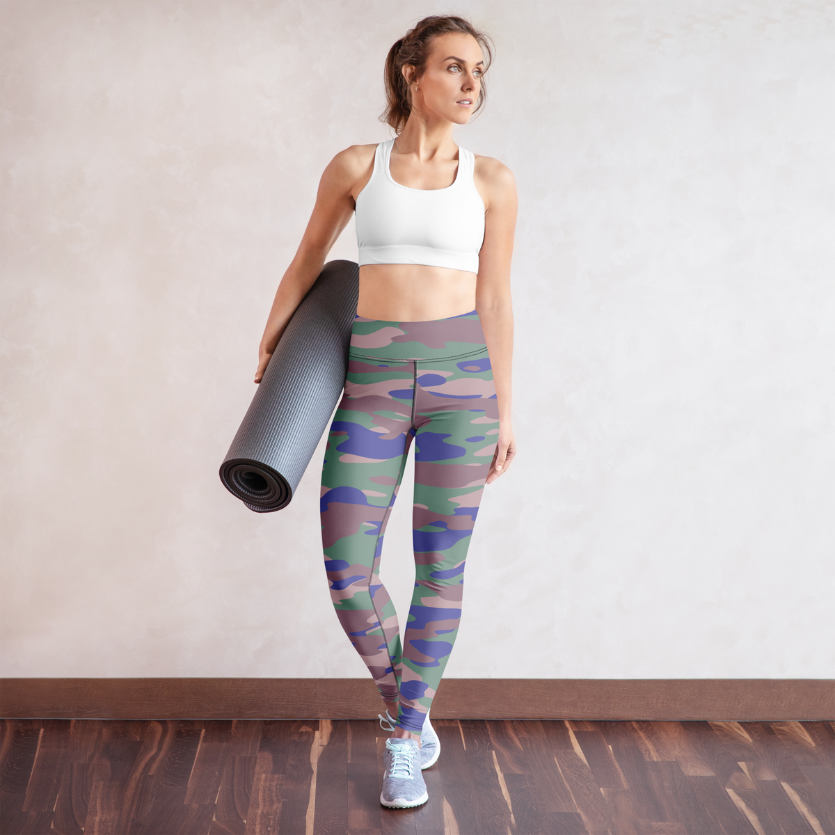 Gulf Very Peri 3 camouflage high-waisted yoga leggings, yoga lifestyle view.