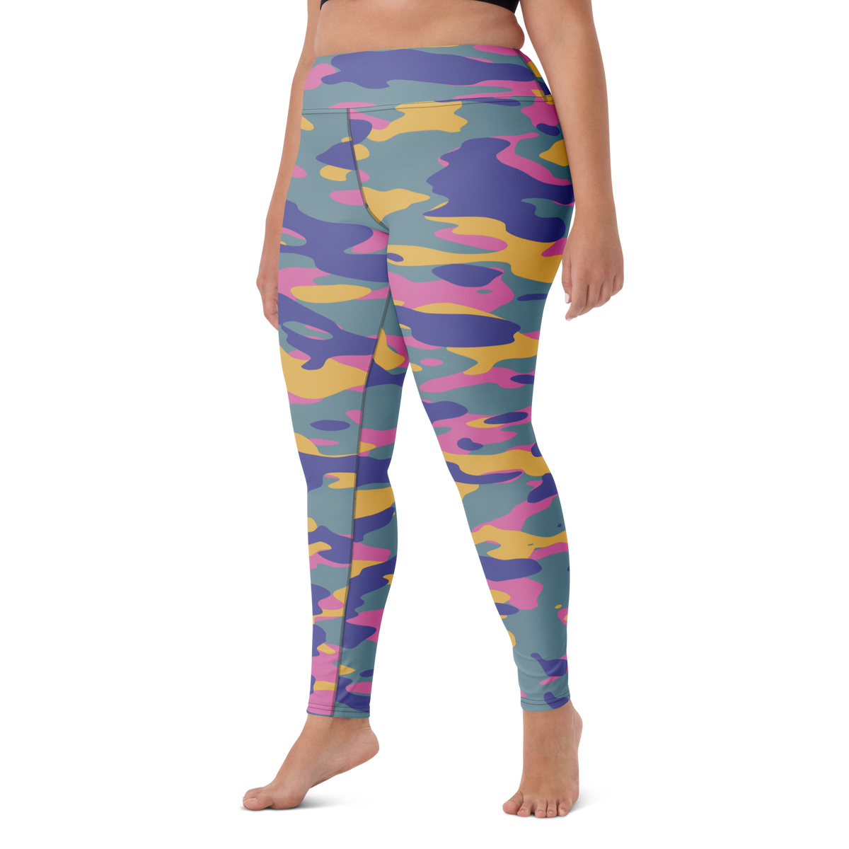 Gulf Very Peri 4 camouflage high-waisted yoga leggings, larger-model left-front view.