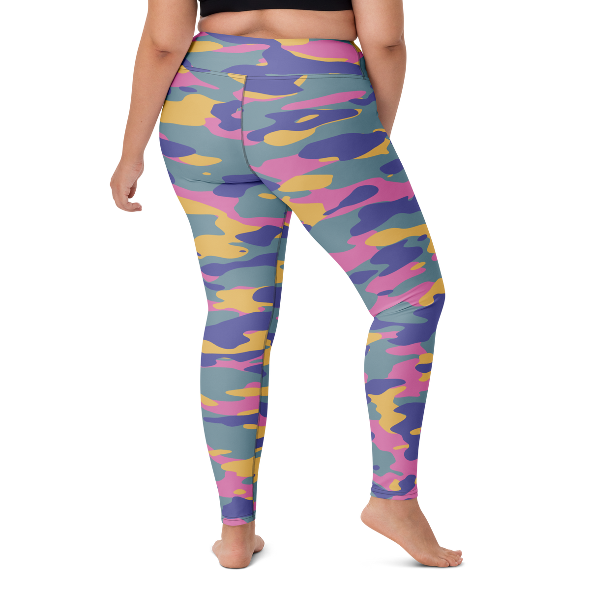 Gulf Very Peri 4 camouflage high-waisted yoga leggings, larger-model right-back view.