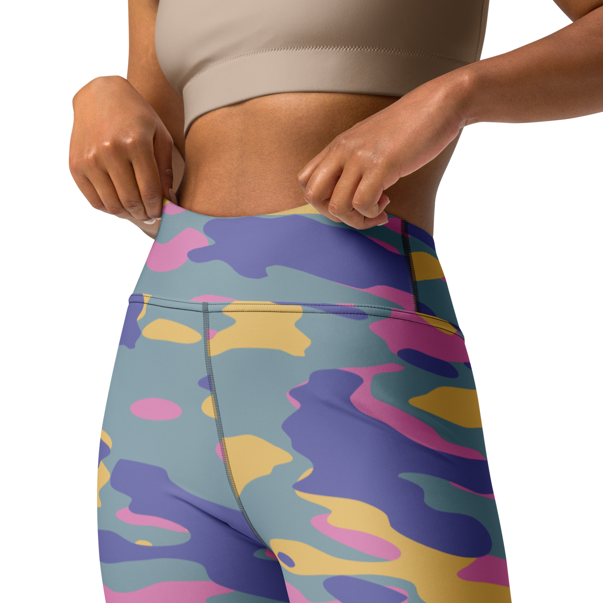 Gulf Very Peri 4 camouflage high-waisted yoga leggings, waistband and construction detail.