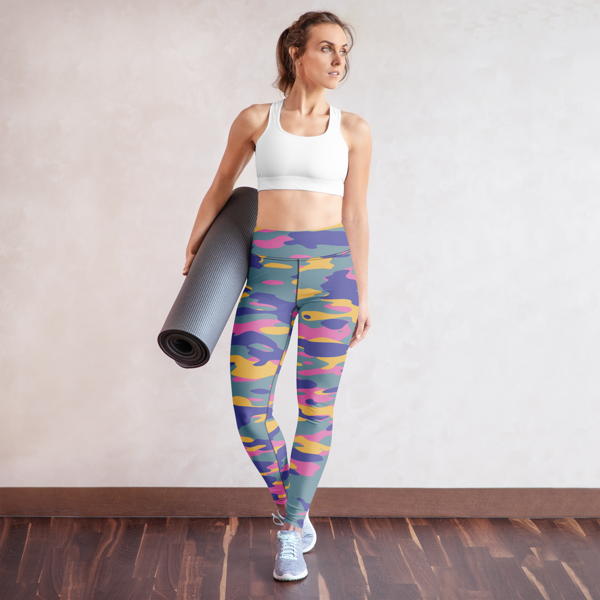 Gulf Very Peri 4 camouflage high-waisted yoga leggings, yoga lifestyle view.