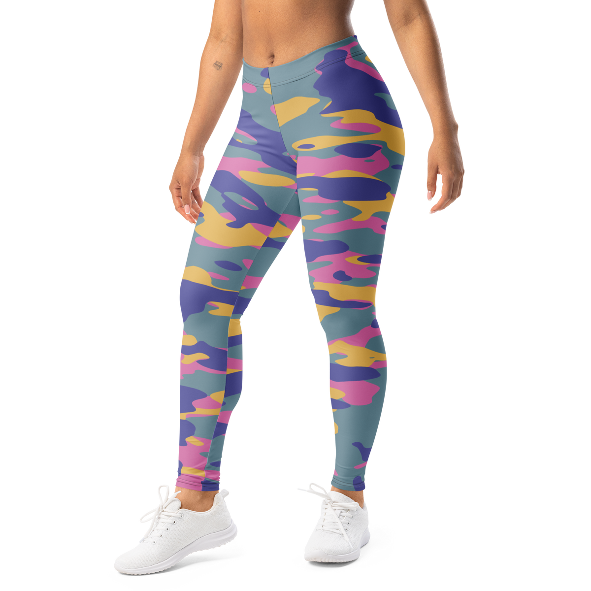 Gulf Very Peri 4 camouflage mid-rise comfort leggings, left-front view.
