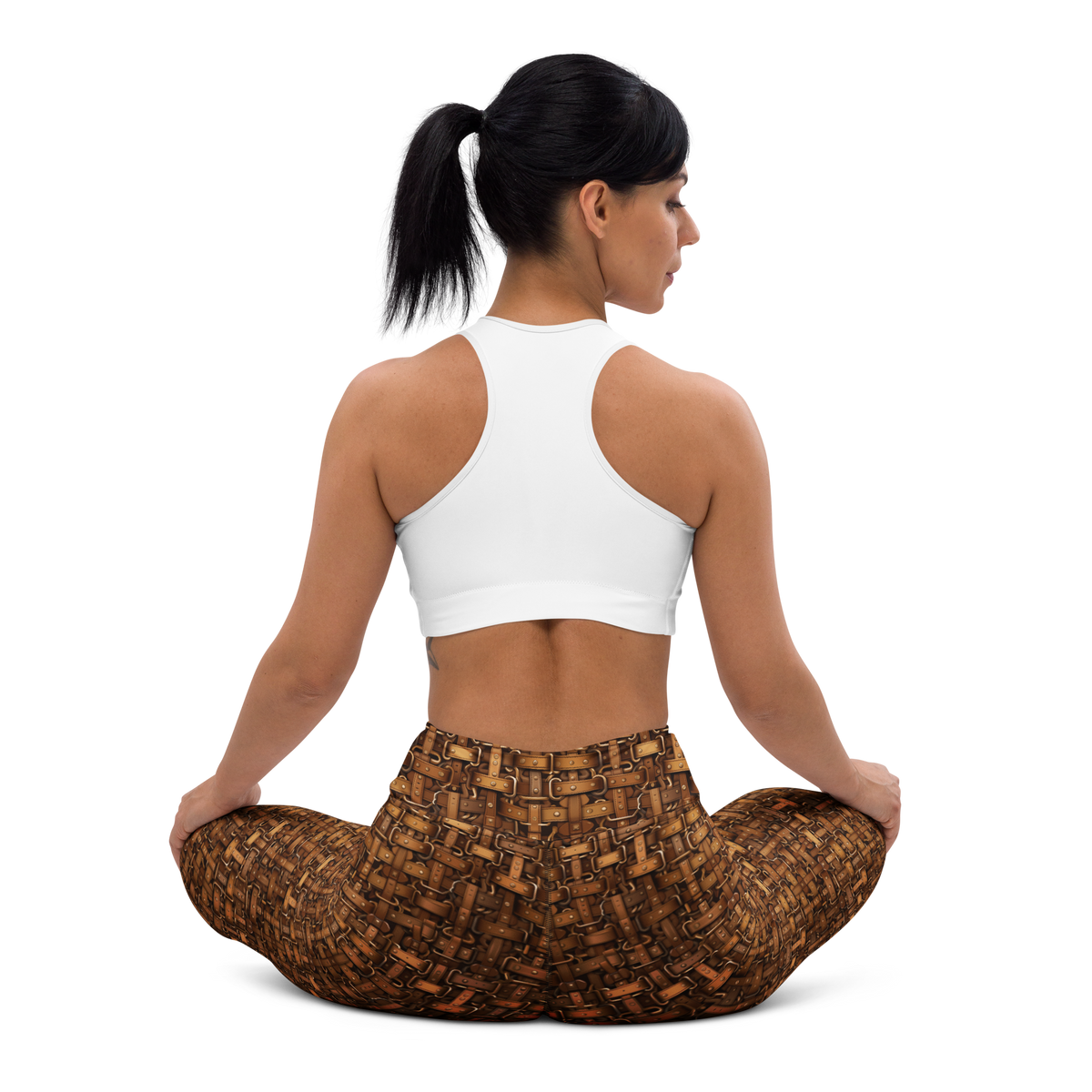 Harness Lattice high-waisted yoga leggings, seated back view.