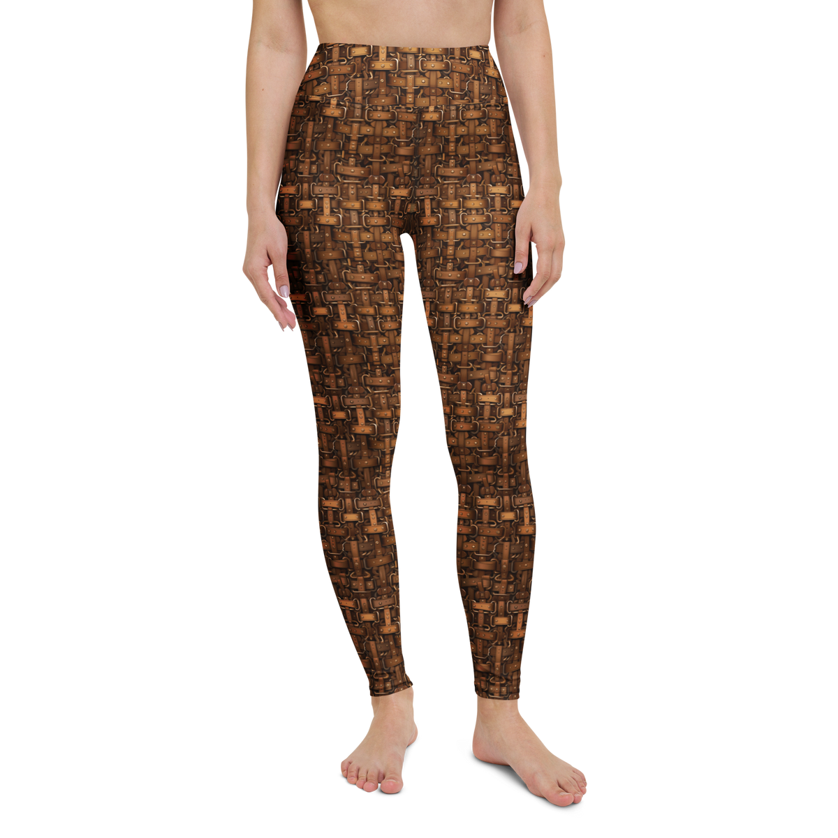 Harness — Lattice high-waisted yoga leggings, straight front view, barefoot.