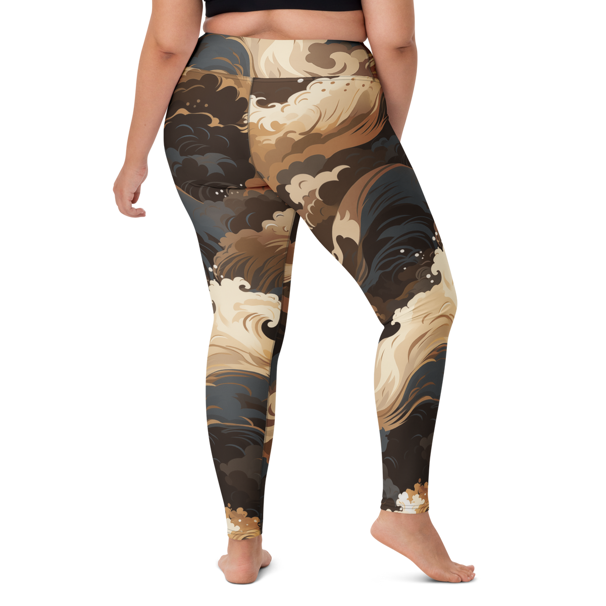 Hishō Plume Subtle Contrasts high-waisted yoga leggings, larger-model right-back view.