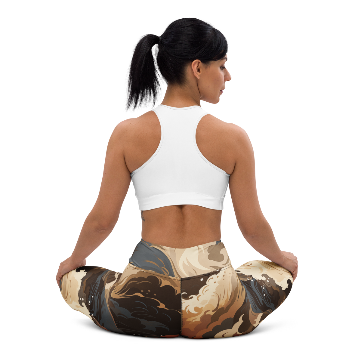 Hishō Plume Subtle Contrasts high-waisted yoga leggings, seated back view.