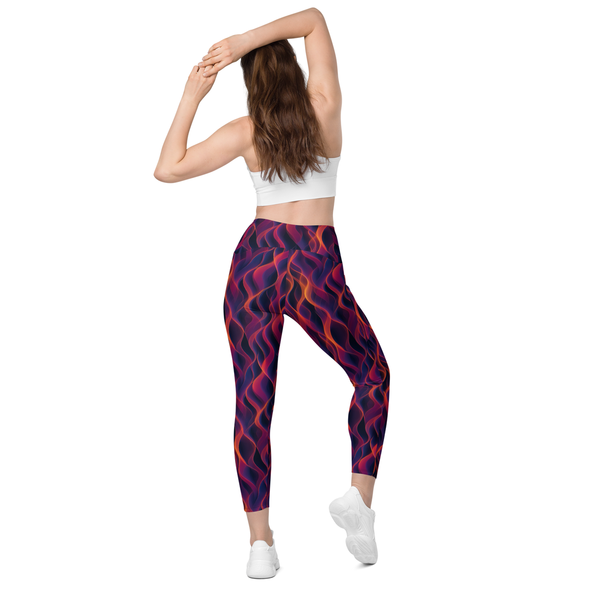 Inferna Purple high-waisted pocket leggings, back view.