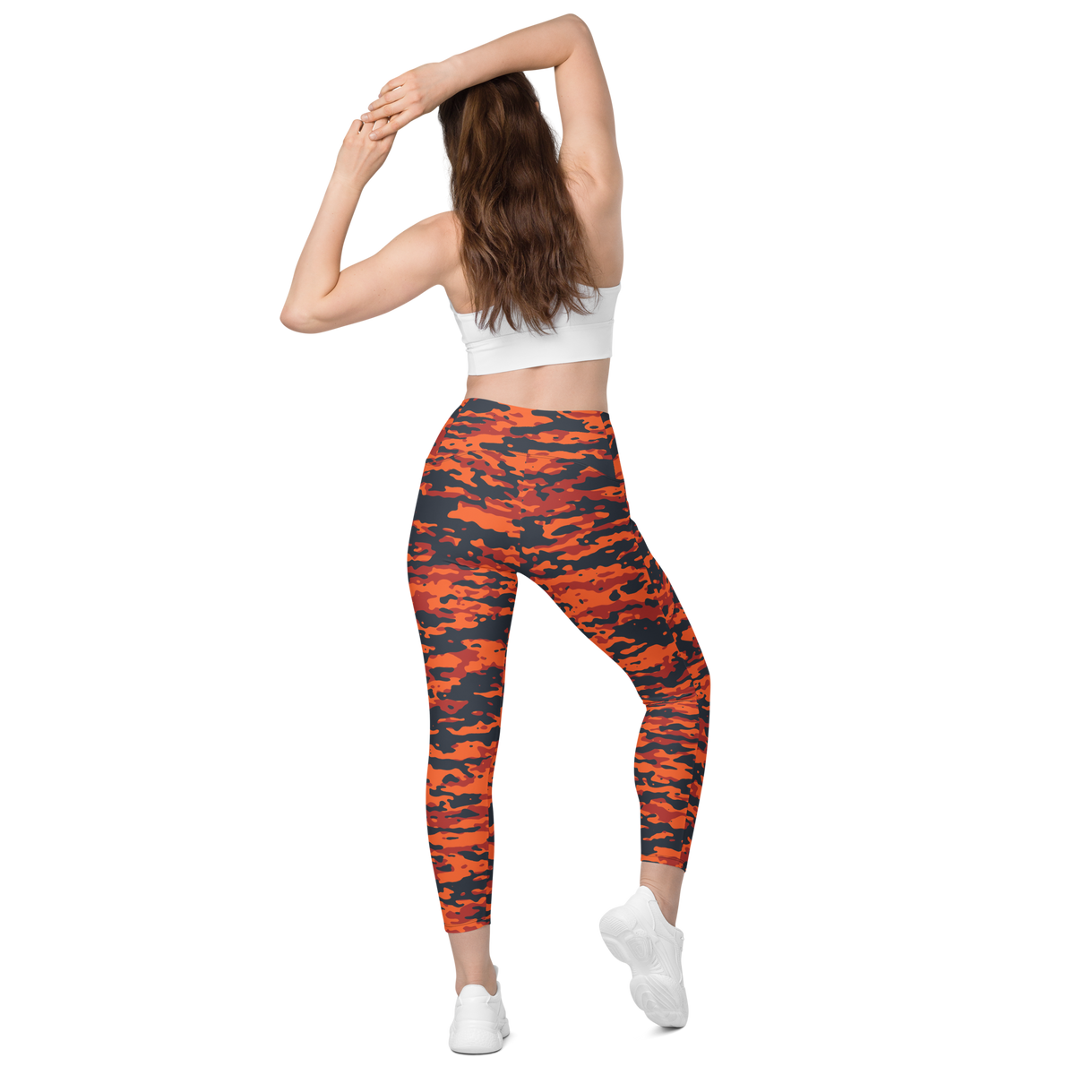 Inka Dragonfire camouflage high-waisted pocket leggings, back view.