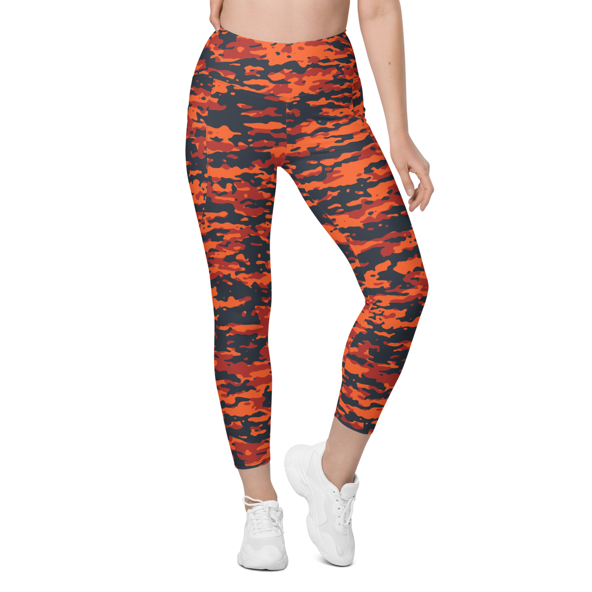 Inka Dragonfire camouflage high-waisted pocket leggings, front view.