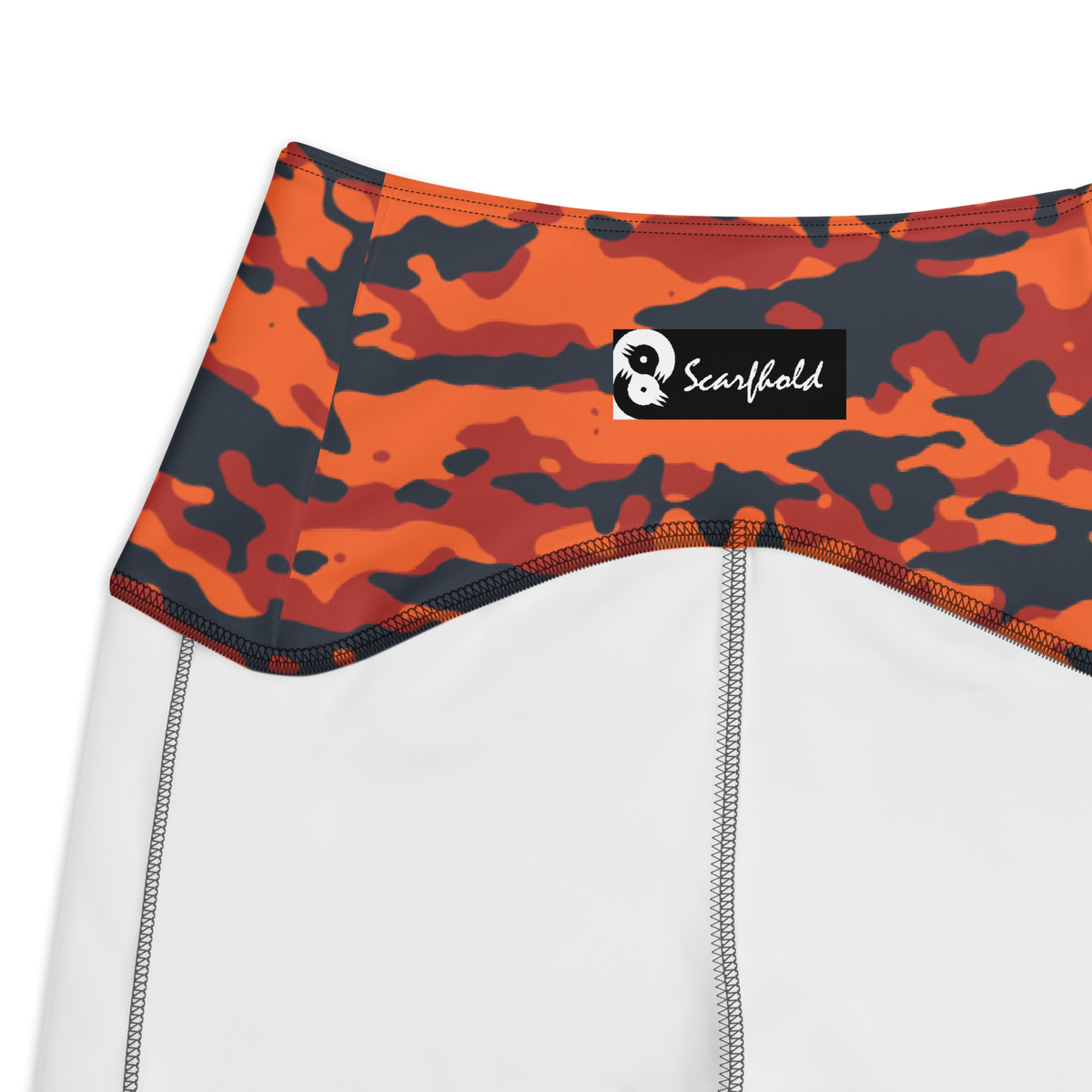 Inka Dragonfire camouflage high-waisted pocket leggings, inside-label and construction detail.