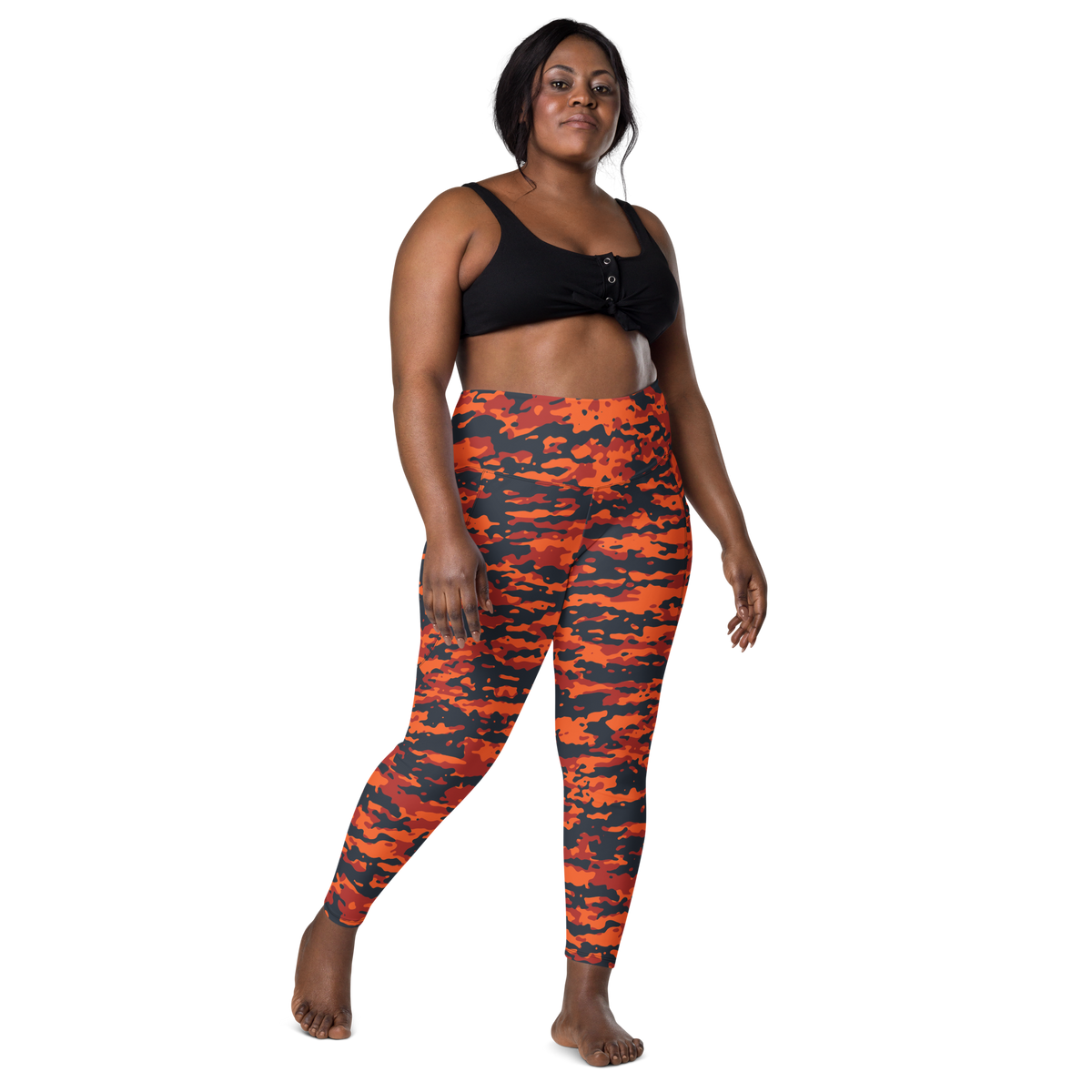 Inka Dragonfire camouflage high-waisted pocket leggings, larger-model front view.