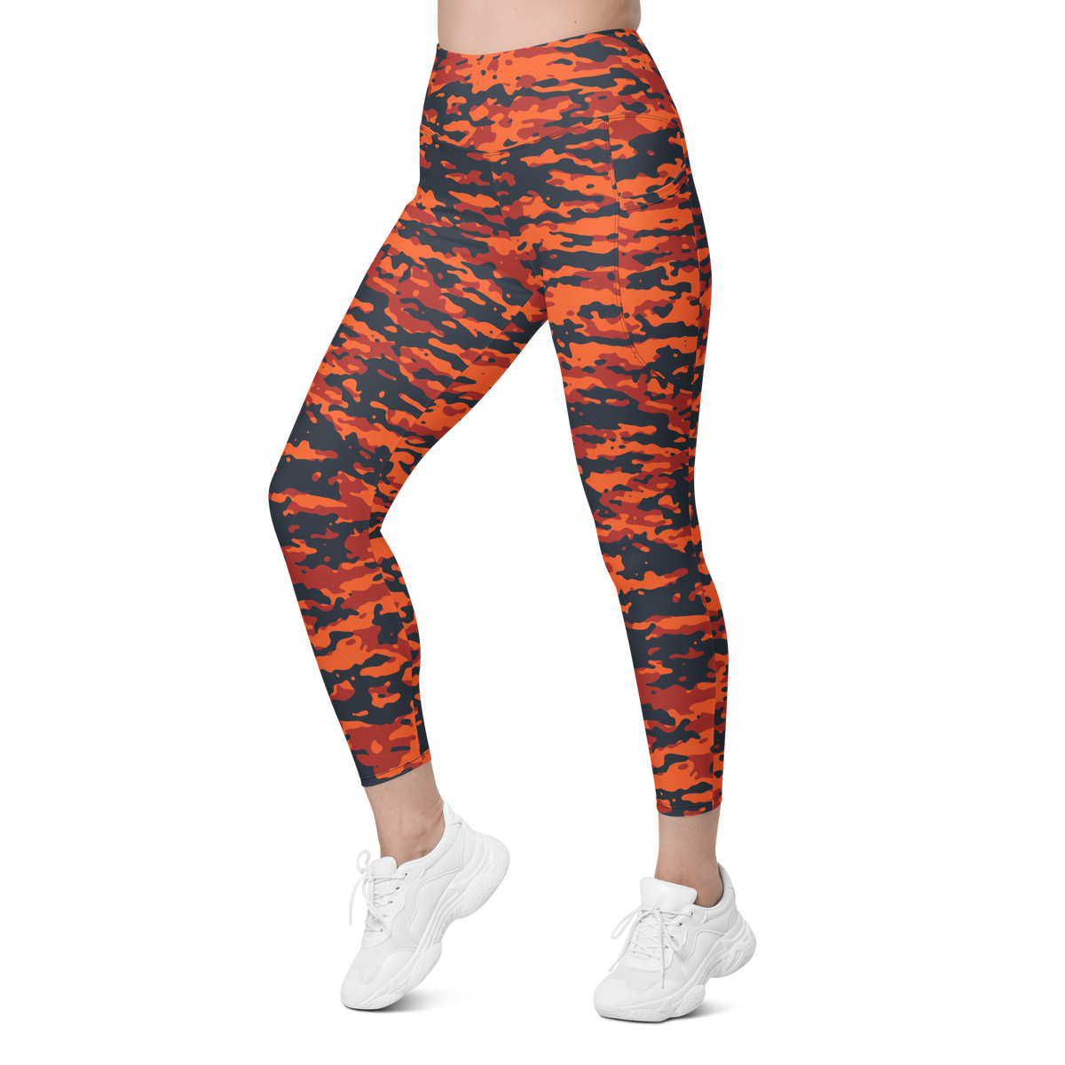 Inka Dragonfire camouflage high-waisted pocket leggings, left-front view.