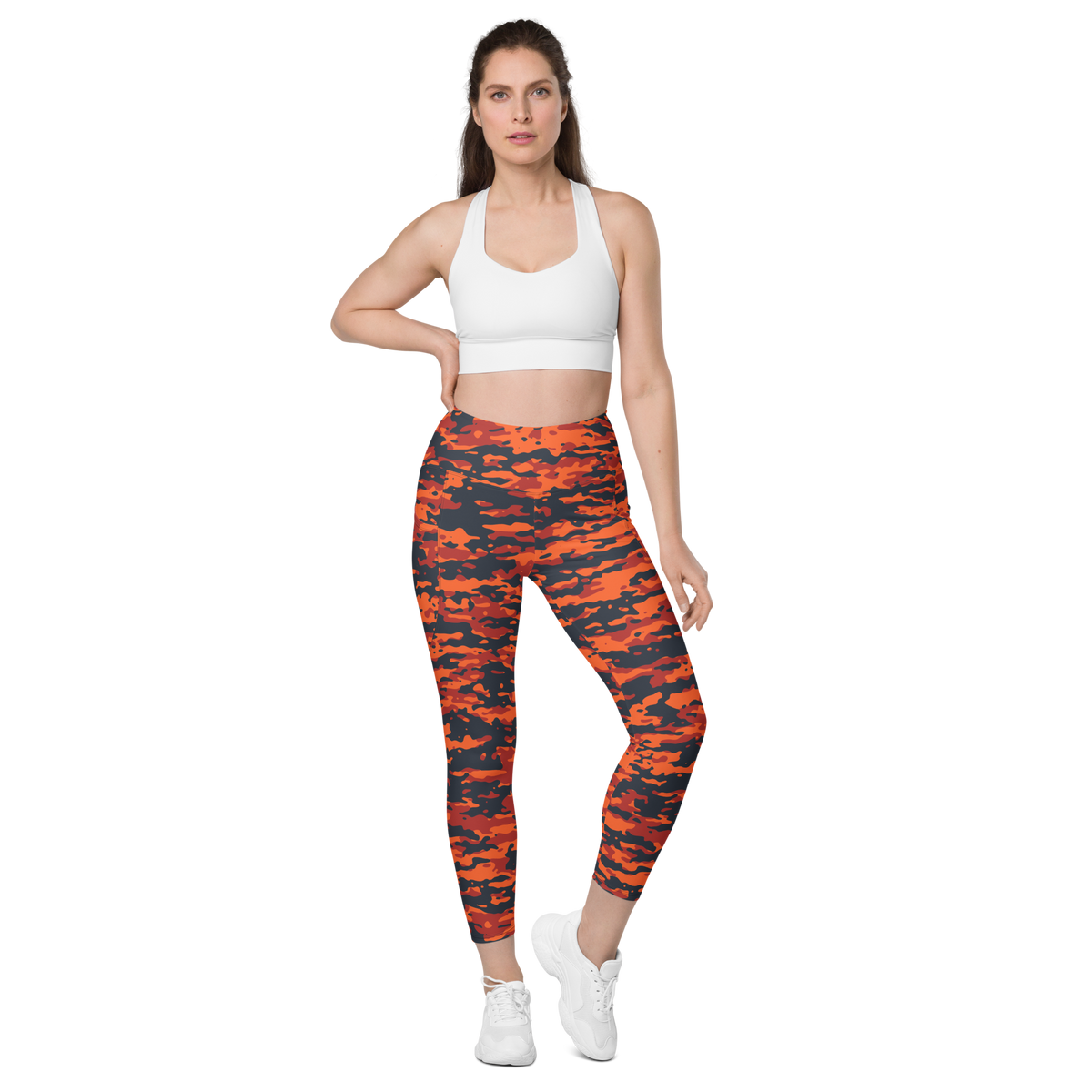 Inka Dragonfire camouflage high-waisted pocket leggings, straight-front view.