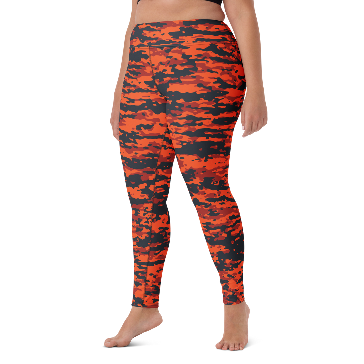 Inka Dragonfire camouflage high-waisted yoga leggings, larger-model left-front view.