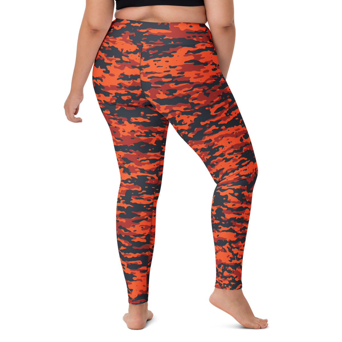 Inka Dragonfire camouflage high-waisted yoga leggings, larger-model right-back view.