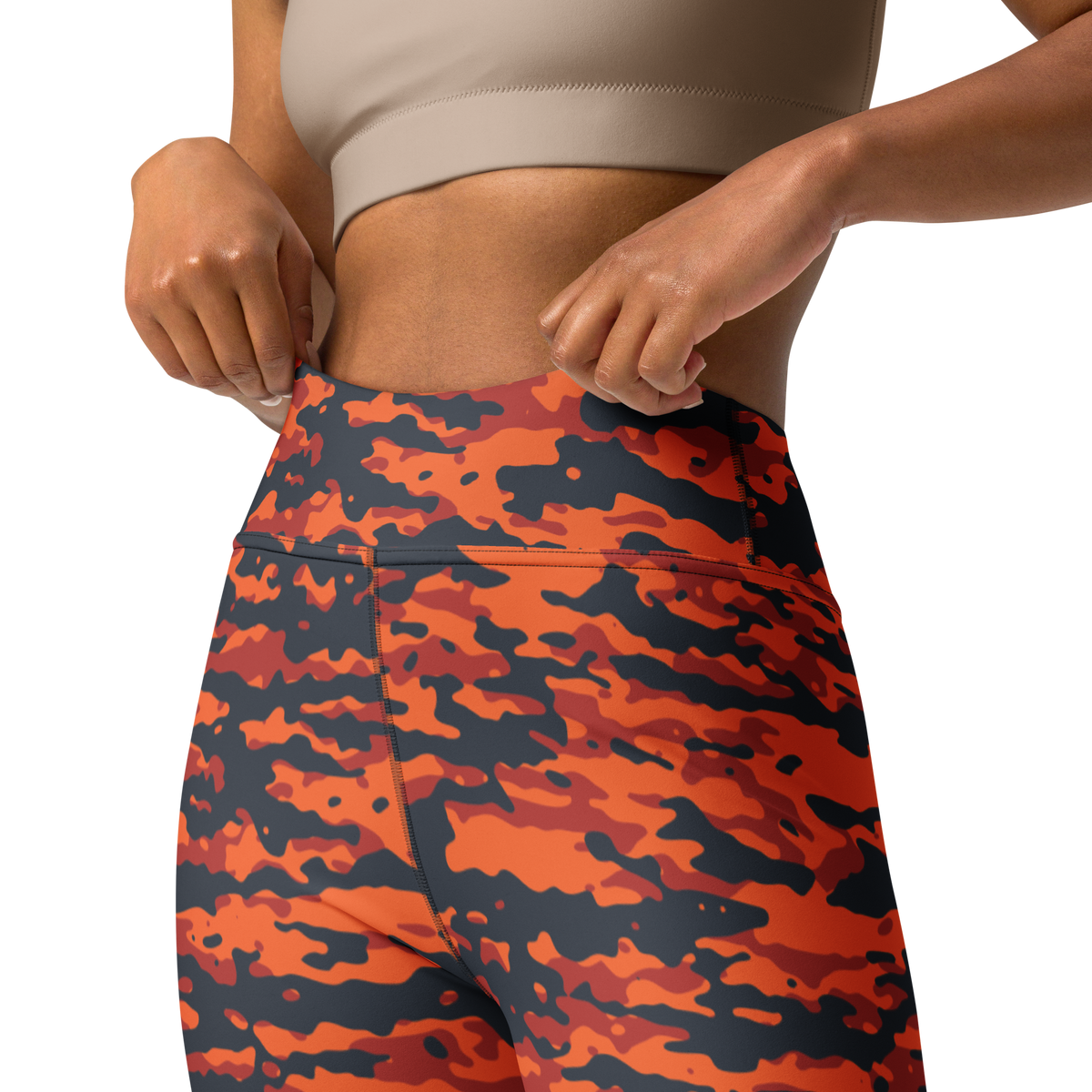 Inka Dragonfire camouflage high-waisted yoga leggings, waistband and construction detail.