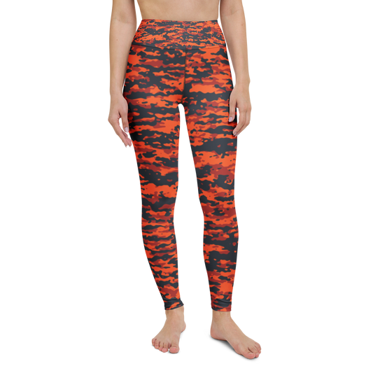 Inka · Dragonfire high-waisted yoga leggings, straight front view, barefoot.