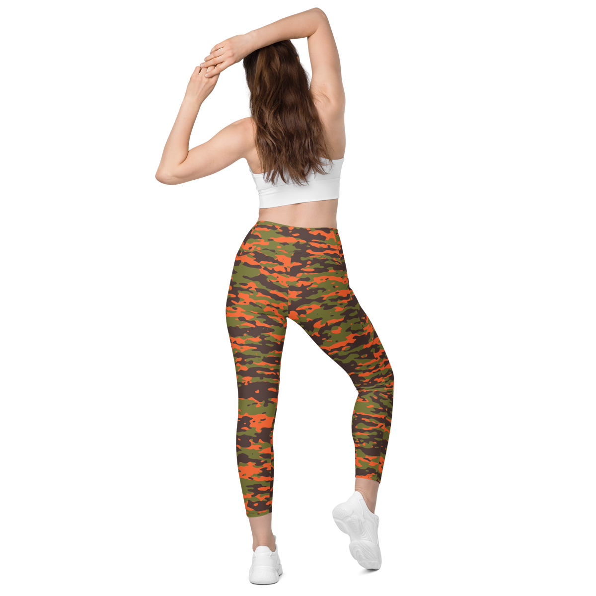 Inka Fall & Autumn camouflage high-waisted pocket leggings, back view.