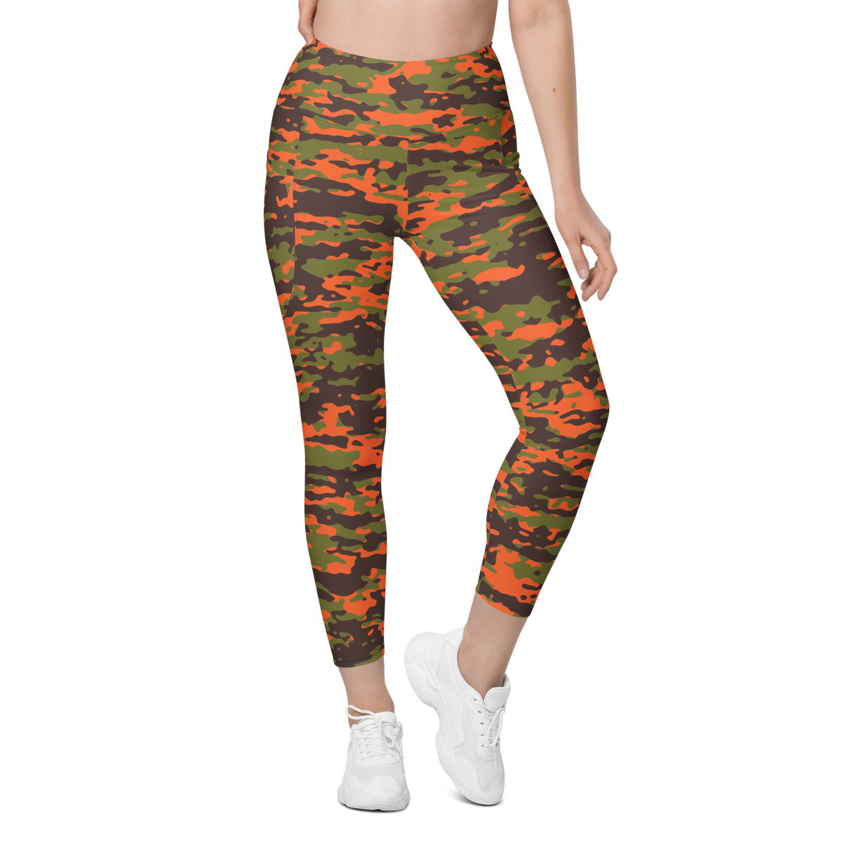 Inka Fall & Autumn camouflage high-waisted pocket leggings, front view.