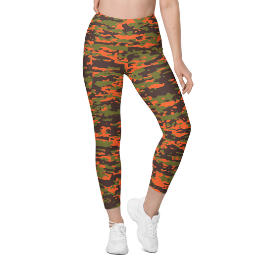 Inka Fall & Autumn camouflage high-waisted pocket leggings, front view.
