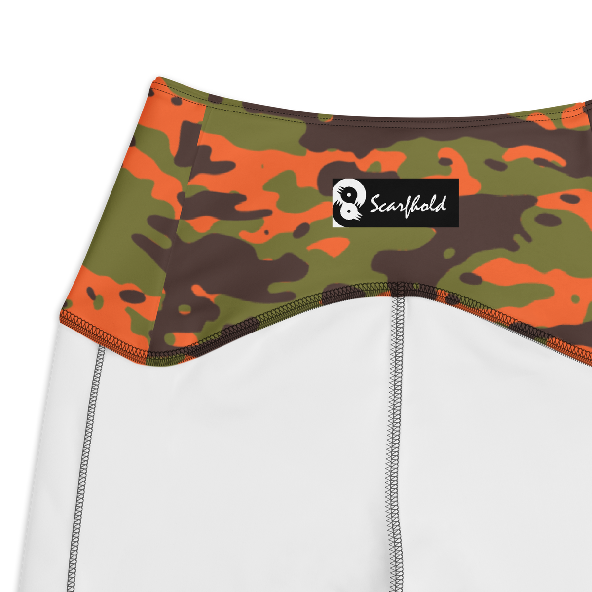 Inka Fall & Autumn camouflage high-waisted pocket leggings, inside-label and construction detail.