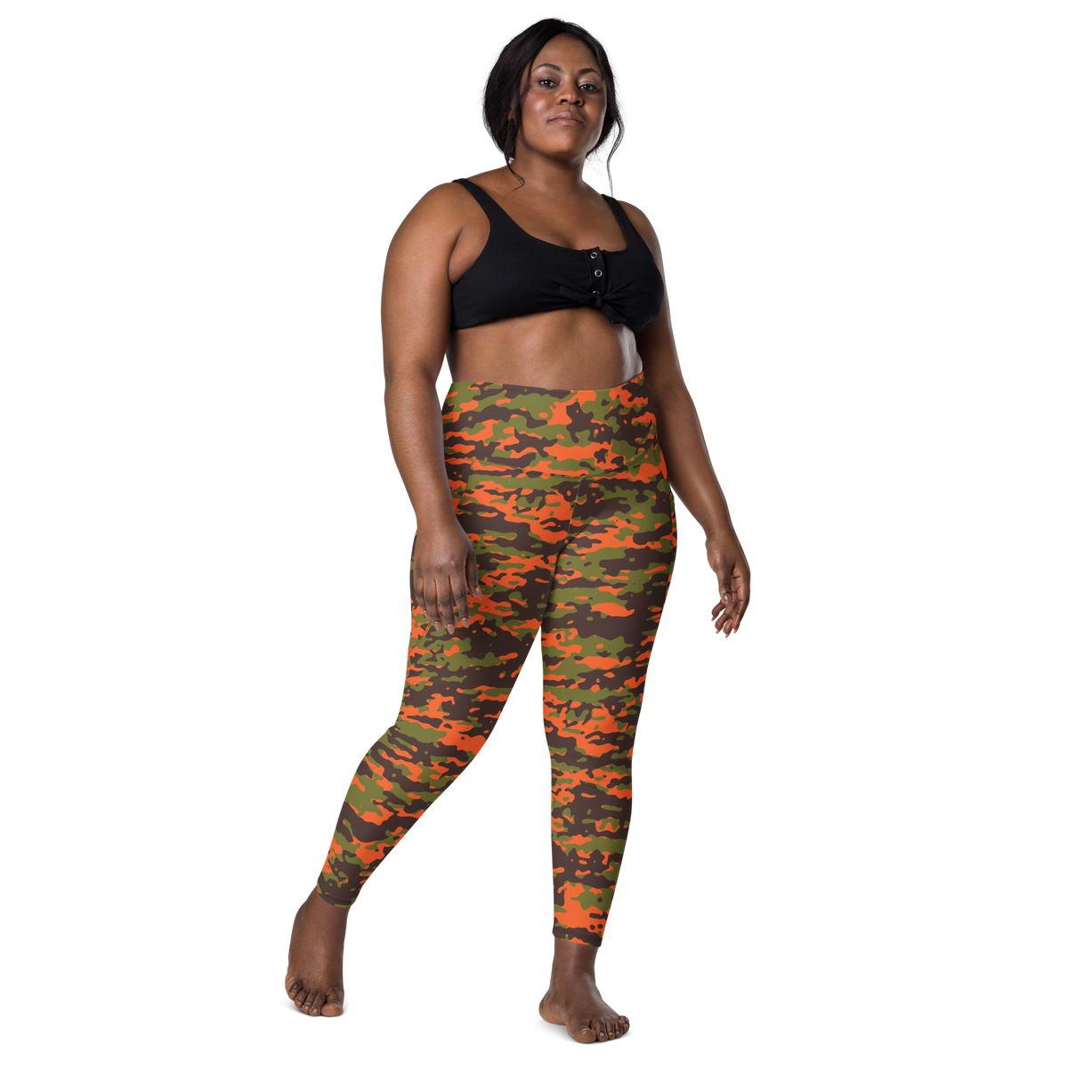 Inka Fall & Autumn camouflage high-waisted pocket leggings, larger-model front view.