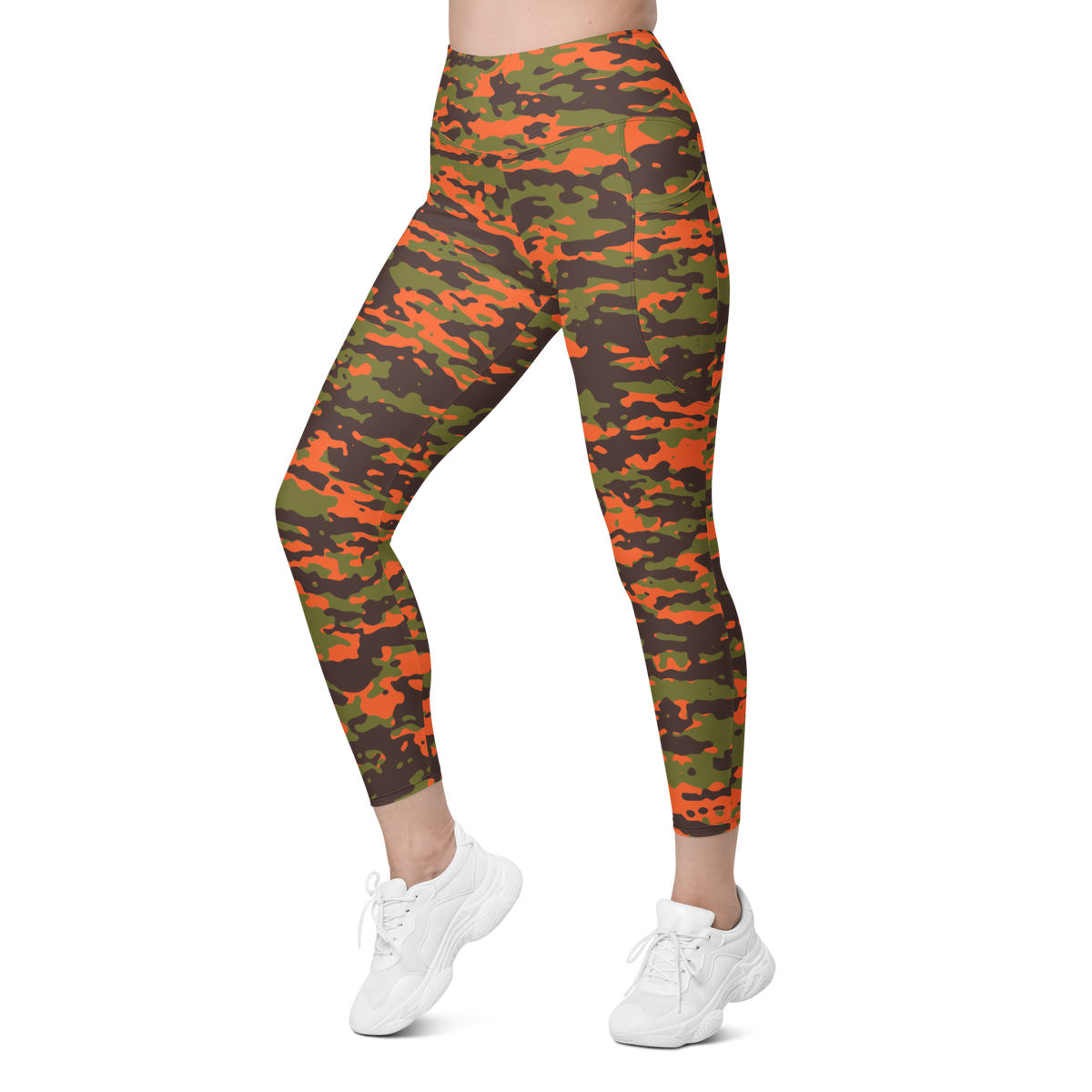 Inka Fall & Autumn camouflage high-waisted pocket leggings, left-front view.