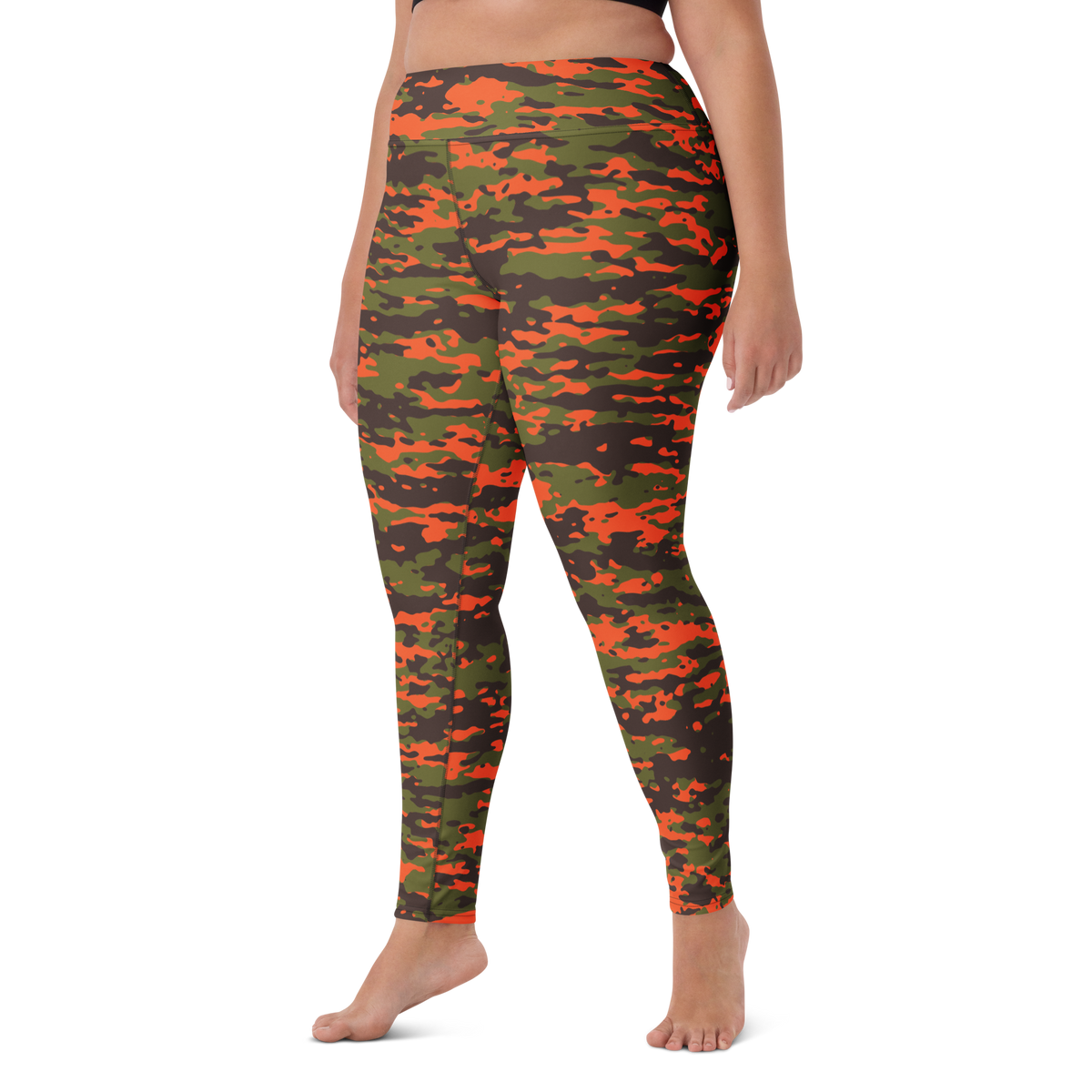 Inka Fall & Autumn camouflage high-waisted yoga leggings, larger-model left-front view.