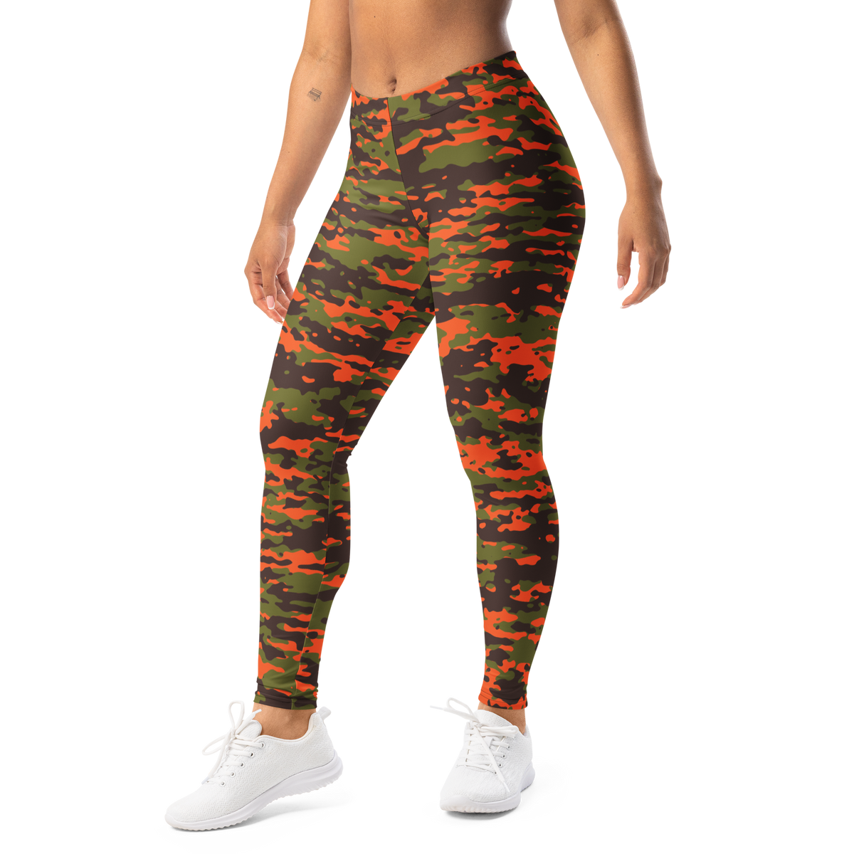 Inka Fall camouflage mid-rise comfort leggings, left-front view.