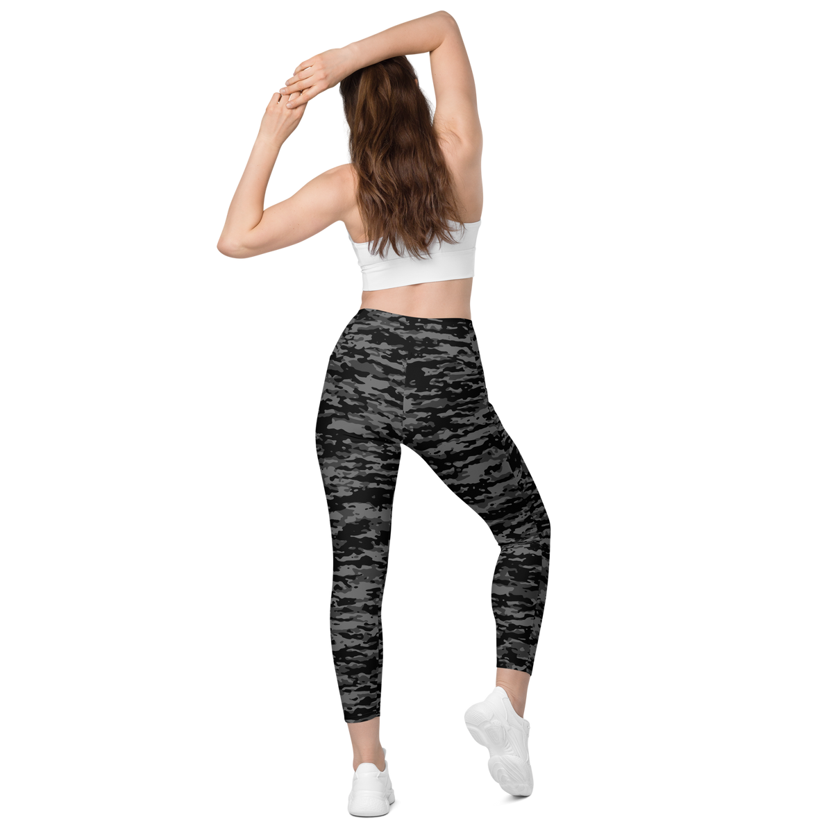Inka Greyscale camouflage high-waisted pocket leggings, back view.