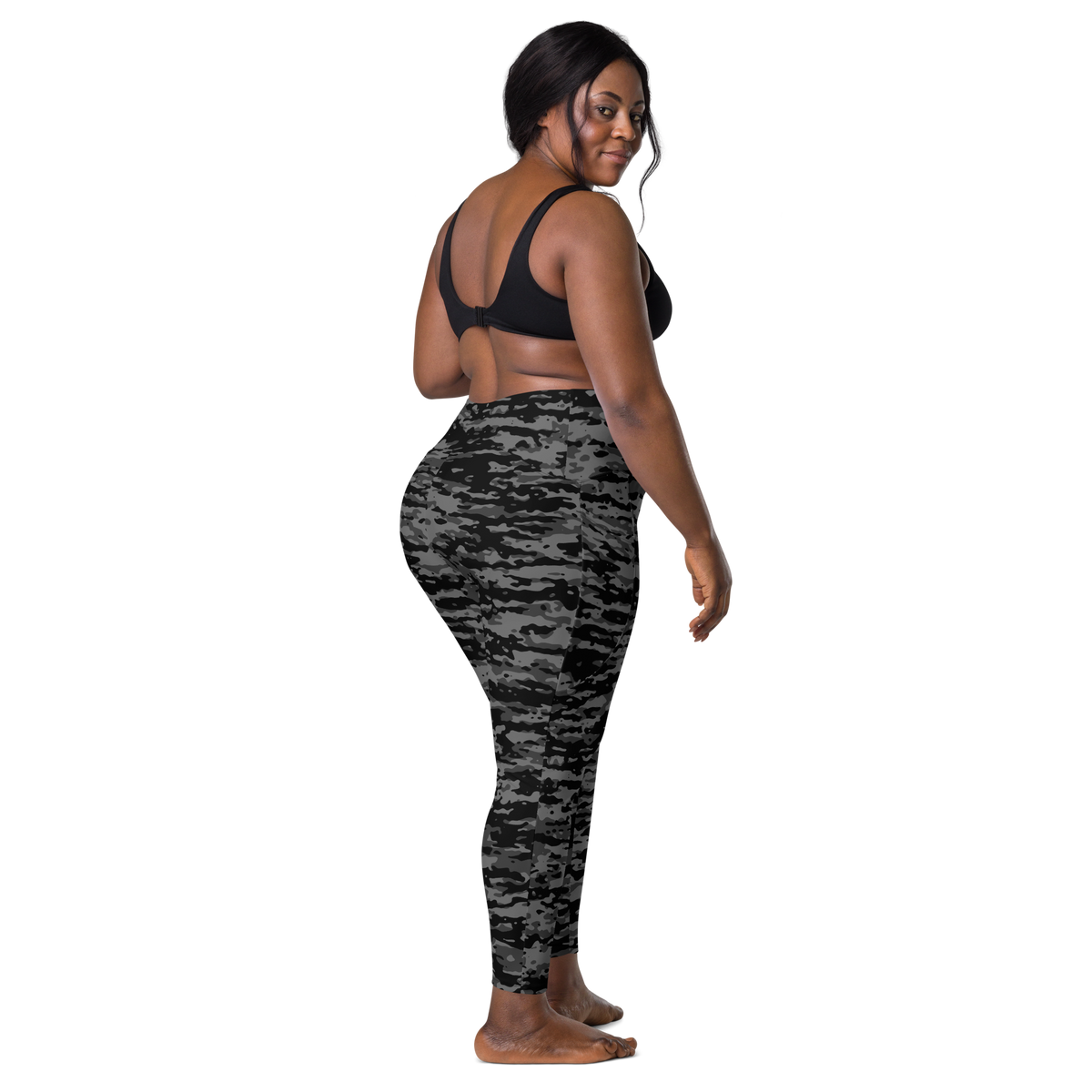 Inka Greyscale camouflage high-waisted pocket leggings, larger-model back view.
